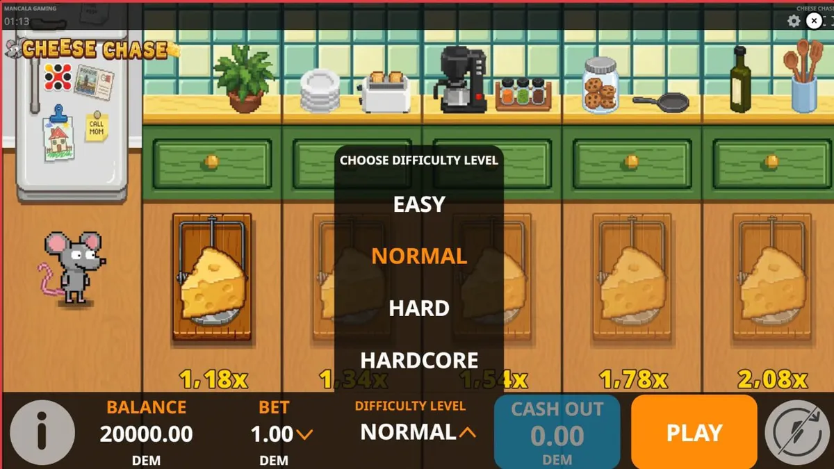 Captura de tela do jogo Cheese Chase, mostrando um ratinho em uma cozinha 8-bit com armadilhas de queijo e um fundo de torradeira e cafeteira.